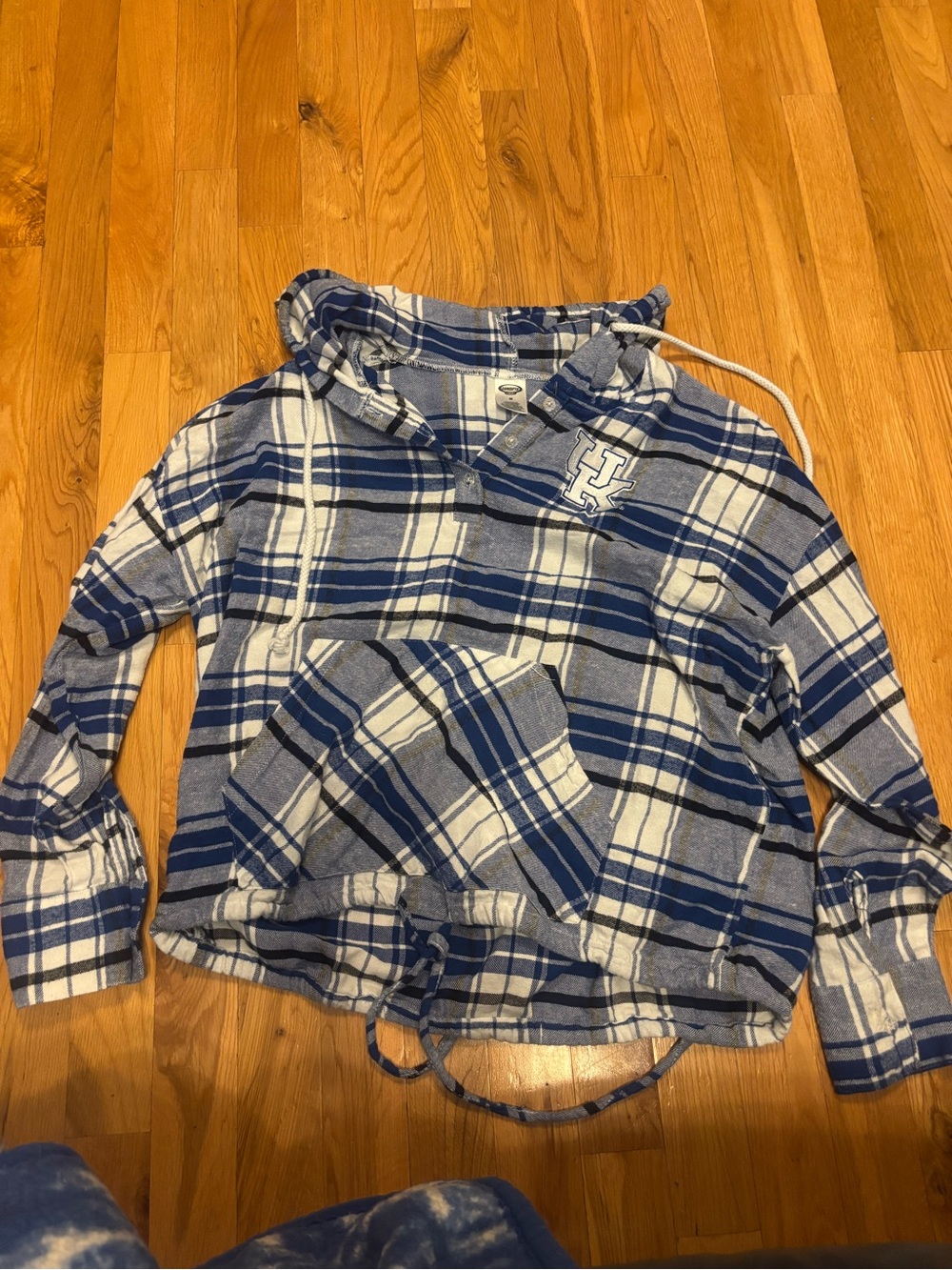 Blue & White UK Plaid Hooded Pullover Sweatshirt with Drawstring
